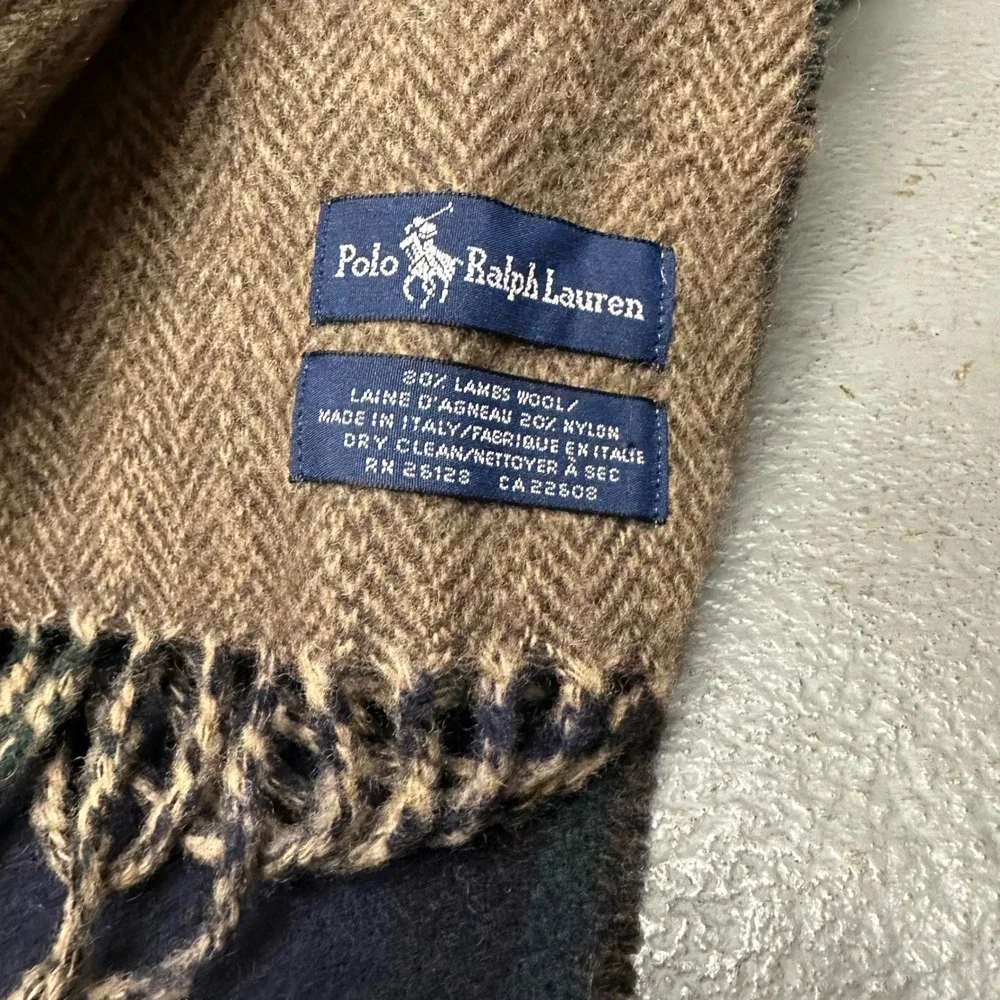 Polo Ralph Lauren Reversible Scarf‎ Lambswool Plaid Herringbone Made in Italy